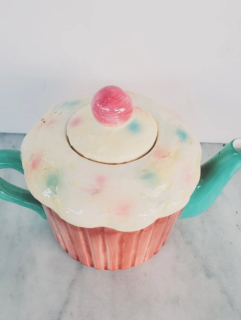 Cupcake Teapot Sprinkles Cherry Lid Ceramic Green Multi Colored Pastel Vintage